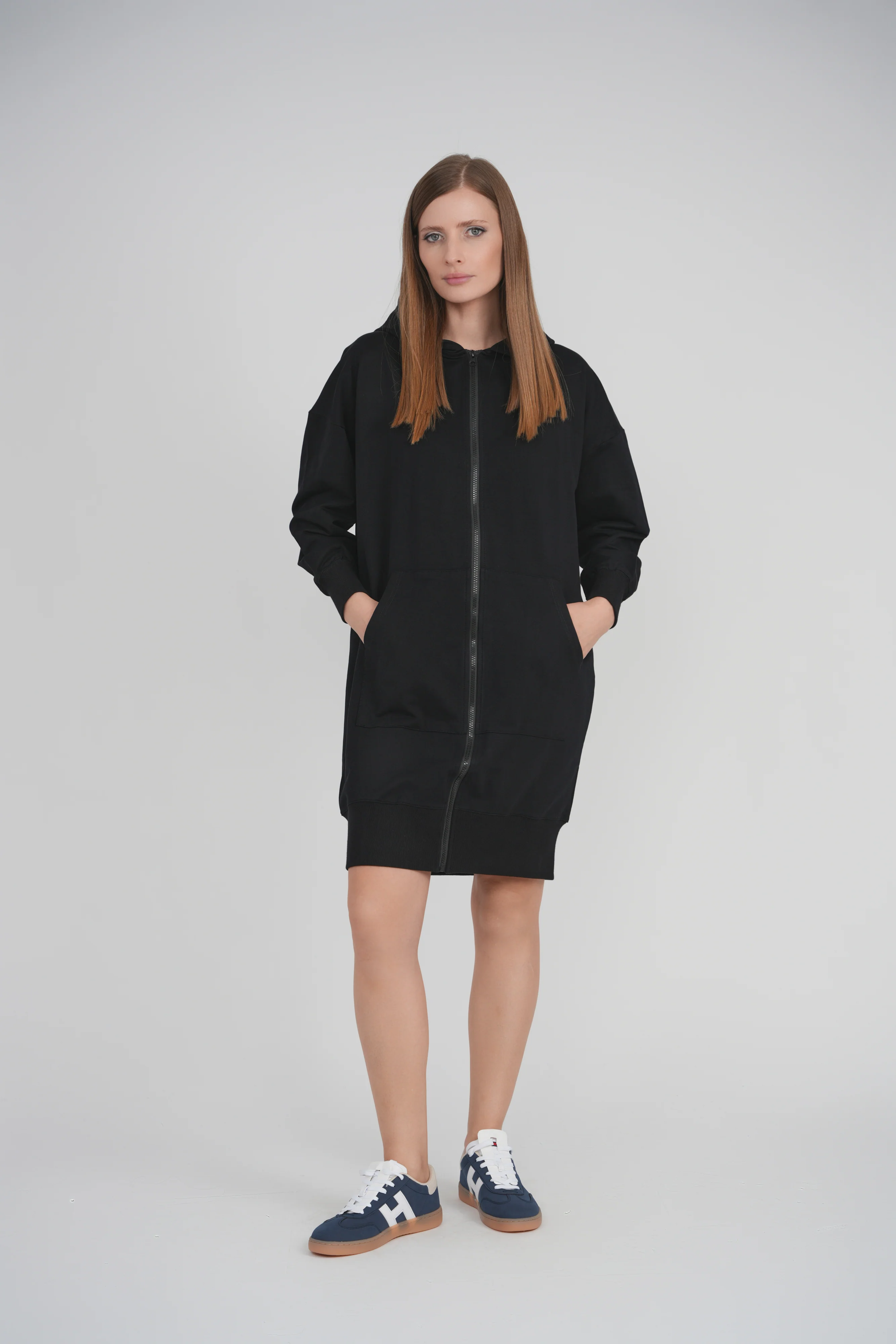 HOODIE ZIP UP DRESS (BLACK) - Image 2