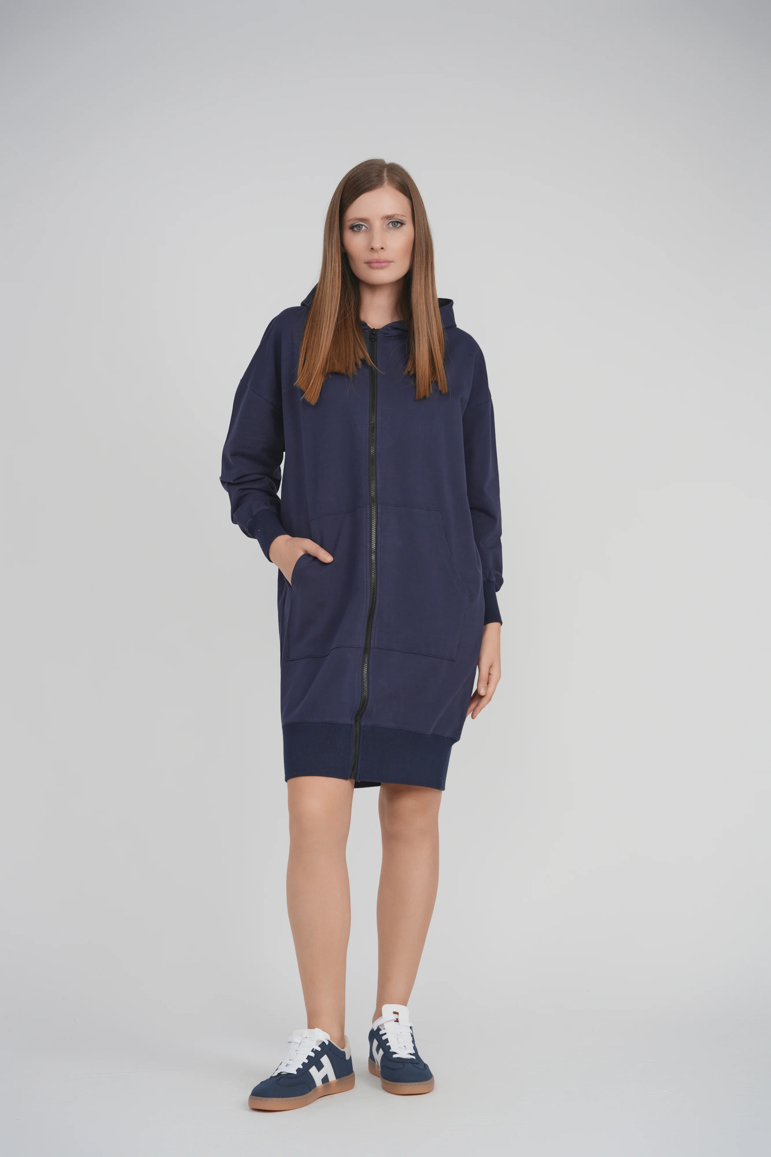 HOODIE ZIP UP DRESS SHORT LENGTH 38" (NAVY)