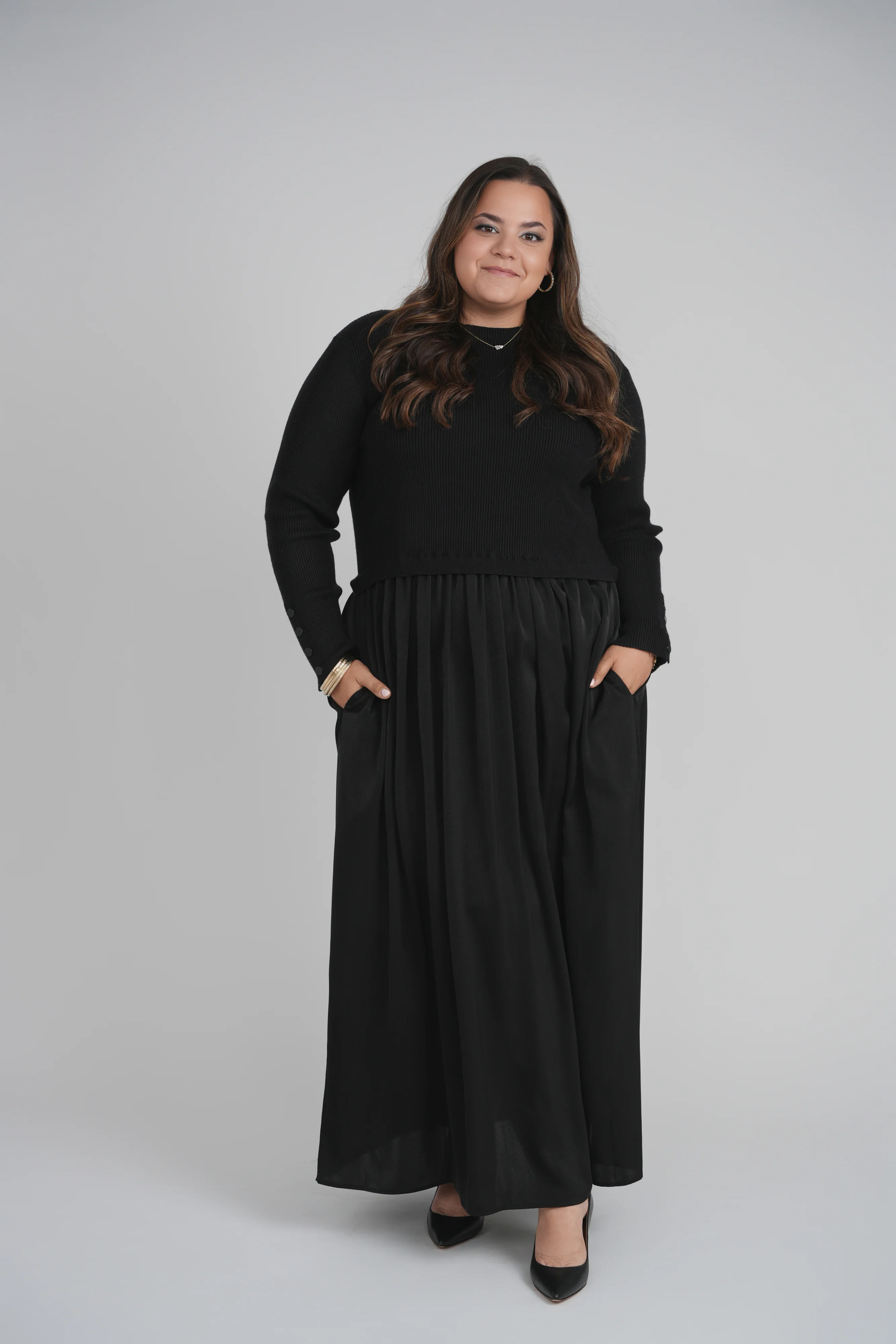KNIT SATIN COMBO DRESS (BLACK) - Image 2