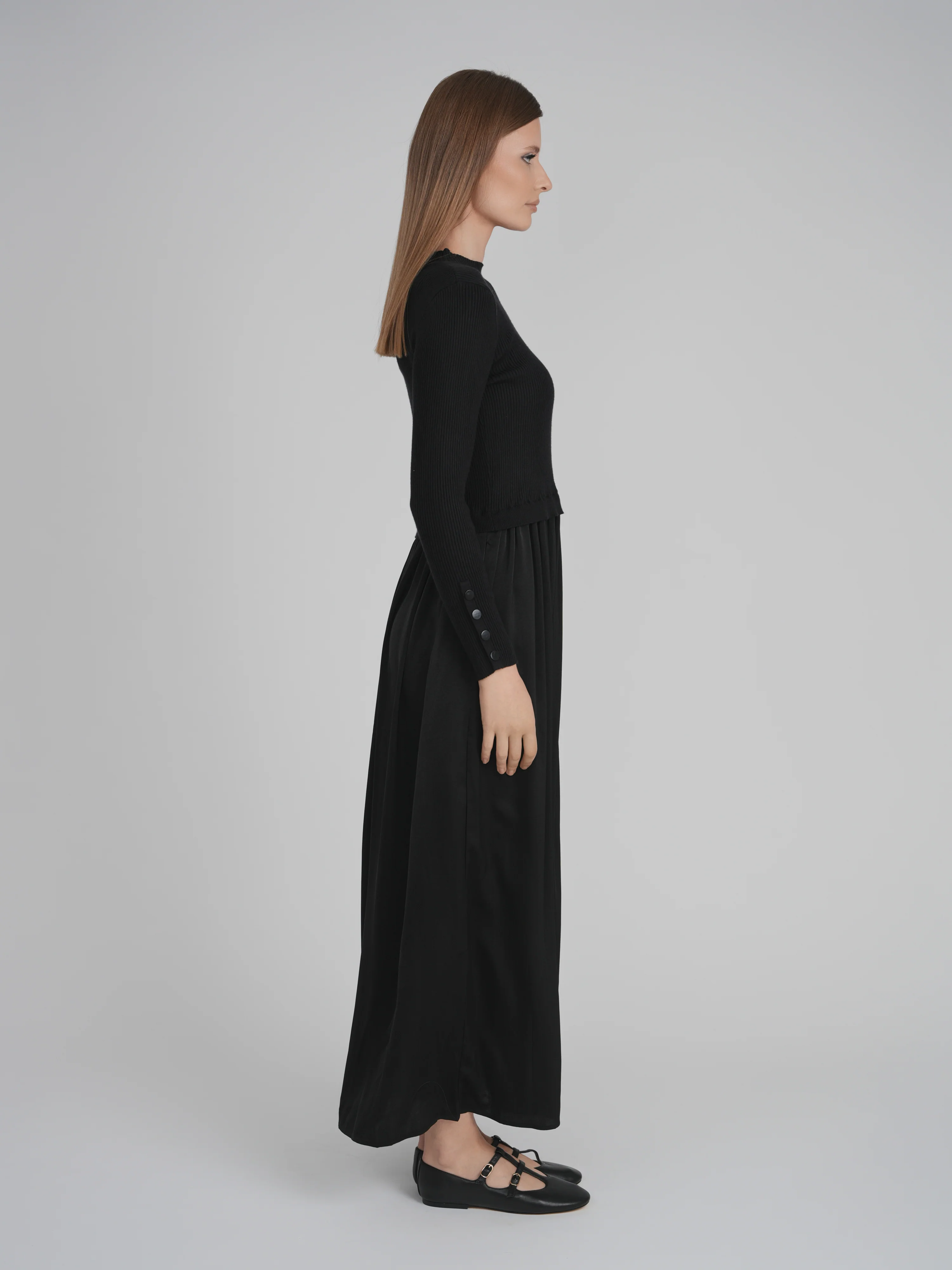 KNIT SATIN COMBO DRESS (BLACK) - Image 3