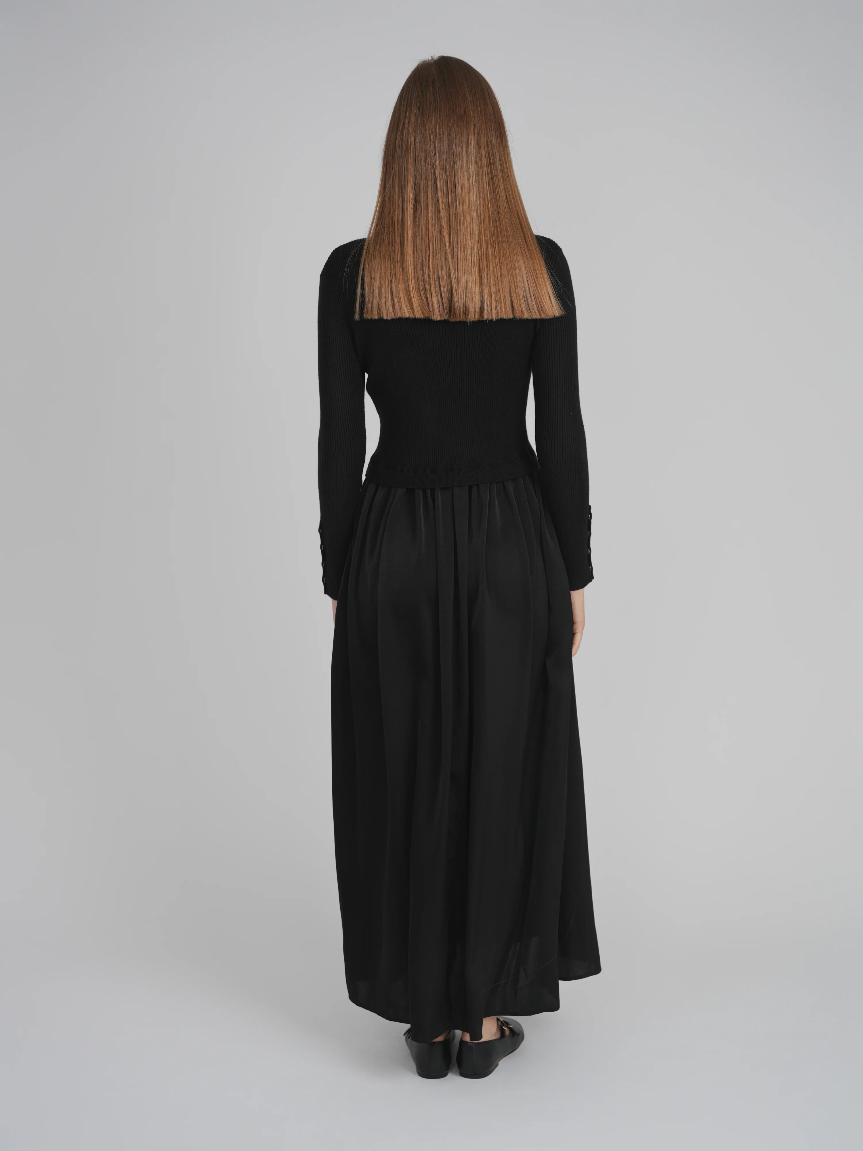 KNIT SATIN COMBO DRESS (BLACK) - Image 4