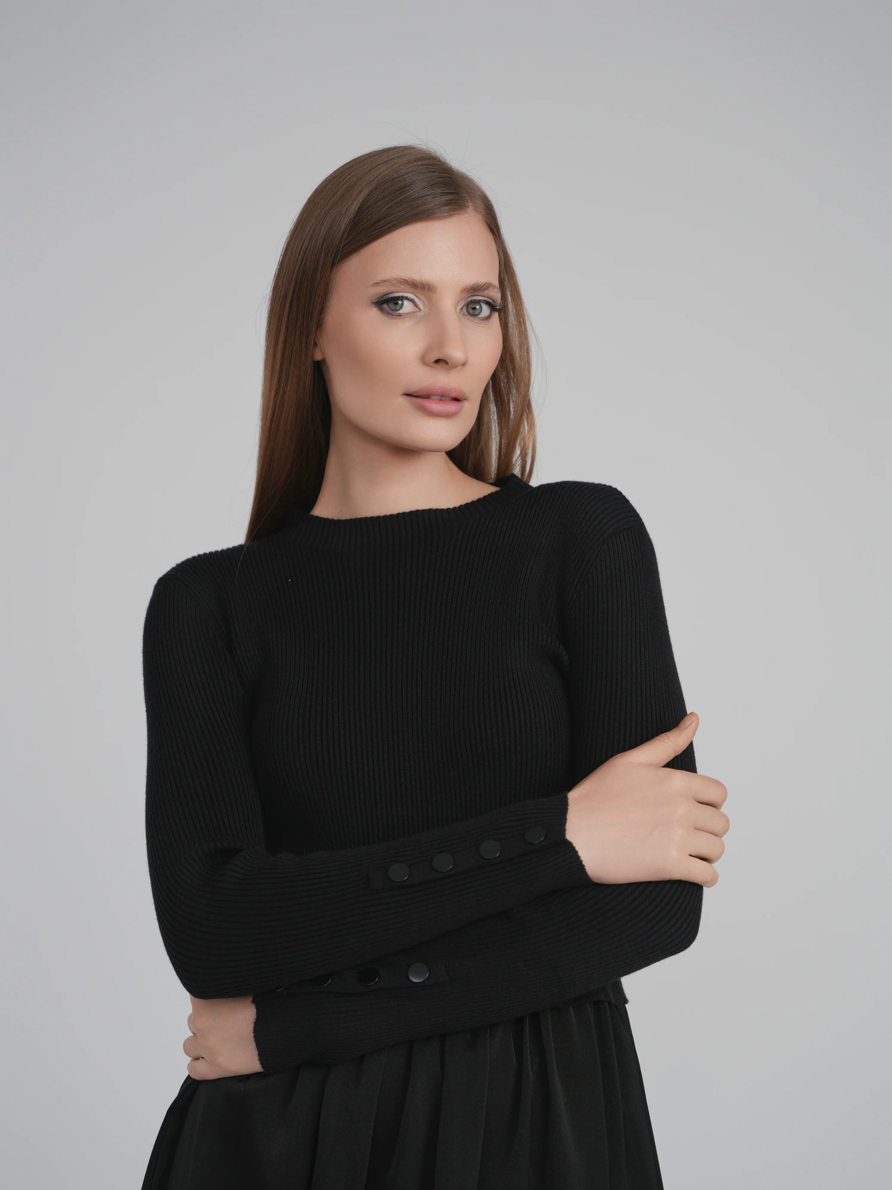 KNIT SATIN COMBO DRESS (BLACK) - Image 5