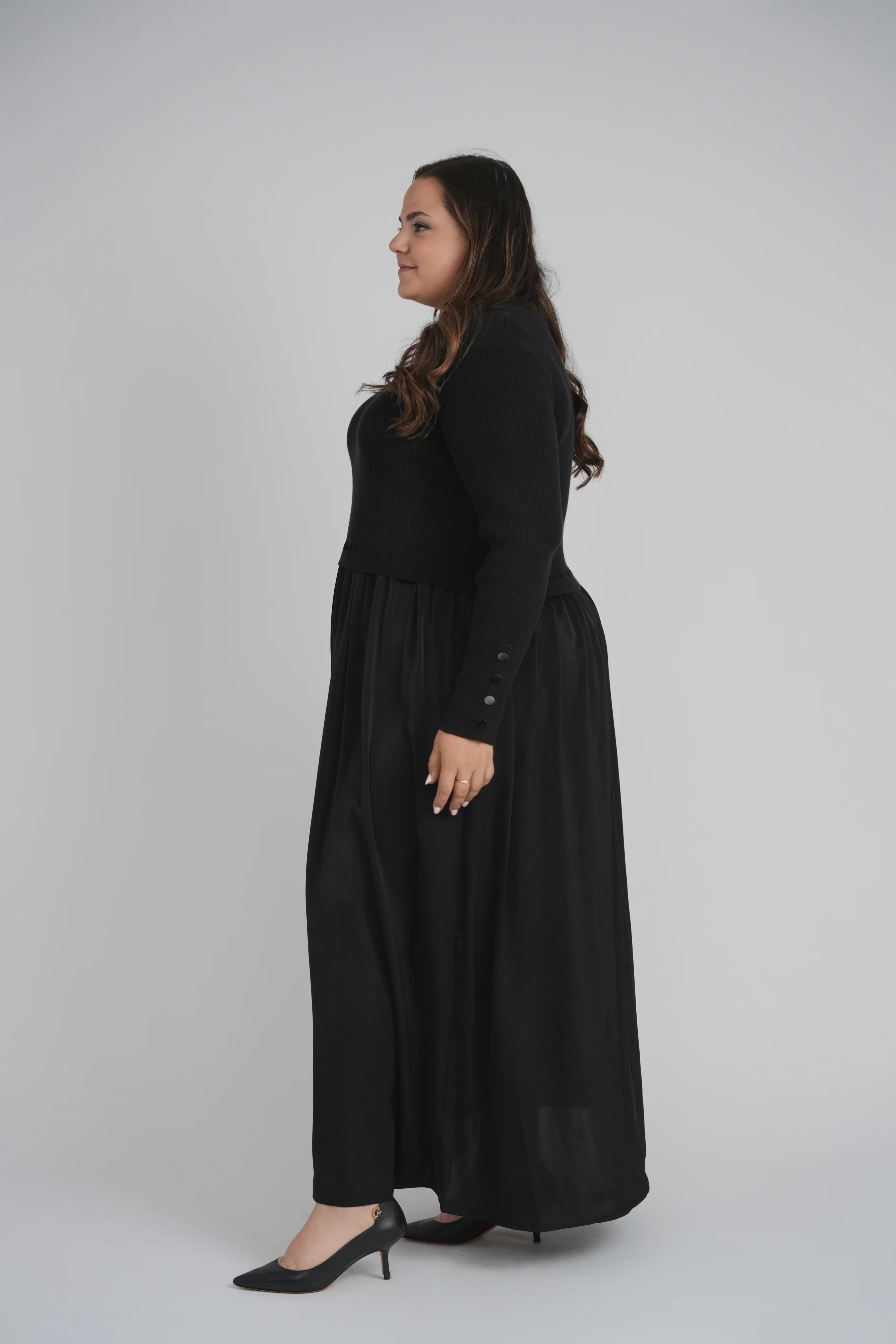 KNIT SATIN COMBO DRESS (BLACK) - Image 6